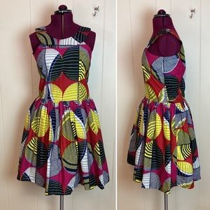 Vintage Handmade Wax Block Print Fit & Flare Dress Medium Retro Rockabilly